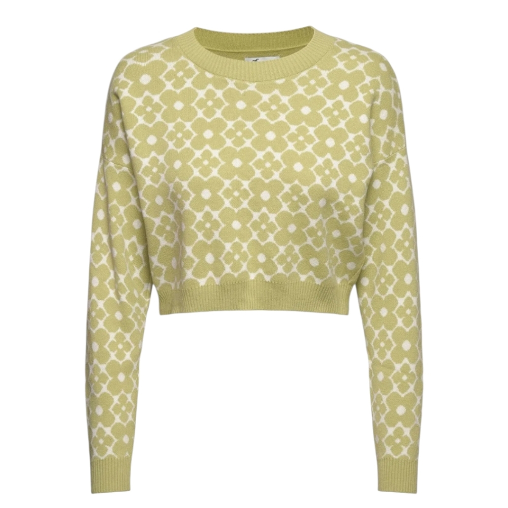 Hollister Women's Cropped Pullover Green Floral Sweater